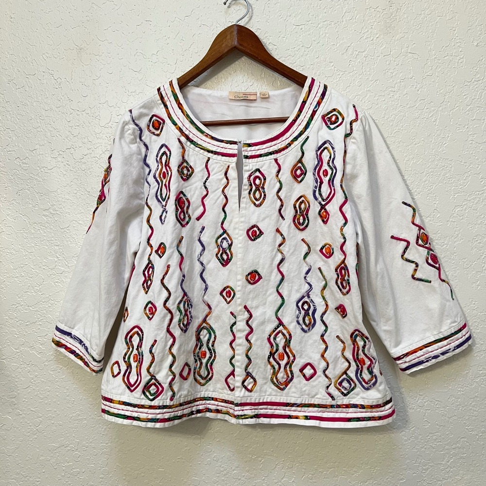 Choices White Cotton Embroidered Beaded Jacket Womens Large Boho India Artisan
